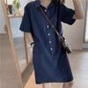 Transfronterizo Corea del Sur Dongdaemun Primavera y Otoño Algodón y Lino Simple Temperamento Casual Recto Camisa Lel Suéter Vestido de Manga Corta