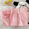 Pijama de Algodón Nube a Cuadros para Mujer Verano Manga Corta Estilo Ins Lindo Conjunto de Shorts Dulces de Verano Ropa para el Hogar