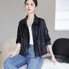 Nuevo Haining Cuero Genuino para Mujer Corto Piel de Oveja Superior Curtido Vegetal Manga Larga Solapa Americana Abrigo Casual Primavera y Otoño