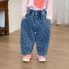 Calça Jeans Wide-Leg em Formato de Coração para Meninos, Novo Estilo Primavera e Outono, Calça Curva para Meninas, Calça Longa Casual para Bebês