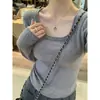 Top de tricô cinza 2026 novo outono gola quadrada blusa base para mulheres look início do outono