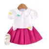 Camisa de Verano de Nuevo Estilo con Mangas Abullonadas Baoxin Amazon Europea y Americana, Falda Corta Plisada Rojo Rosado, Linda y Dulce para Niñas