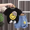 Ropa de Verano para Niños, Ropa Linda para Niños, Sombreros, Conjuntos Casuales de Manga Corta con Sonrisas, Conjunto de Dos Piezas de Shorts de Mezclilla Casuales de Manga Corta