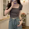 Camiseta de Manga Corta con Cuello Cuadrado T29 para Mujer Verano Estilo Coreano Plisada Adelgazante Corta