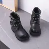 Botas Martin Negras para Niña con Forro de Polar, Correa con Hebilla, Cremallera Lateral, Suela Gruesa, Estilo Motociclista Fresco y Elegante, Botas de Cuero de Media Pantorrilla Otoño/Invierno