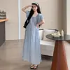 Vestido de Maternidade para Exploração de Campo Leve Feito de Lyocell Vestido Longo com Bolinhas Estilo Francês e Barra Larga Vestido Estilo Pintura a Óleo para Mulheres