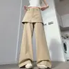 Algodón lavado con diseño estilo americano y detalle en el panel trasero, pantalones de pierna ancha para mujer, efecto dos piezas, pantalones casuales adelgazantes y ligeramente acampanados