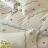 Corazón Girly Francés Set de Cuatro Piezas 100% Algodón Cepillado Amigable con la Piel Bordado Funda Nórdica de Algodón Puro Ropa de Cama Cálida Otoño/Invierno