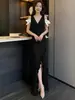 Vestido largo ajustado que realza la figura, con escote en V Bardot, ribete de volantes y abertura, elegante vestido de noche para mujer, estilo verano