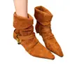 Botas de cowboy em camurça, estilo nicho outono e inverno, bico fino franzido, botas de cano justo, botas de moda feminina western retrô 2026