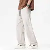 Calça de moletom estilo americano, modelagem solta, com cordão de ajuste, unissex, calça casual de malha perfurada respirável para jovens