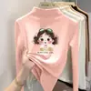 Camiseta básica de cuello alto a media altura para niña de dibujos animados, nuevo estilo primavera/otoño/invierno, top de manga larga con forro polar para niños de talla mediana y grande