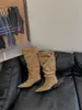 Botas Plisadas de Punta Fina 2026 Otoño/Invierno Nuevo Estilo Hebilla de Cinturón Botas Altas de Monta Botas Largas Plisadas con Tacón Grueso