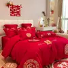Dragão e Fênix Amigável à Pele Lavável Algodão Casamento Conjunto de Quatro Peças Casamento Grande Vermelho Estilo Chinês Lençol de Cama Lençol com Elástico Colcha de Casamento Casamento Quarto de Casamento Roupa de Cama