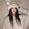 Gorro de Peluche de Oso Lindo para Mujer, de Galleta Crema, Cálido para Invierno, a Prueba de Viento para Ciclismo, Protección para Orejas, Gorro de Punto Mostrando la Cara, Gorro Pequeño de Peluche