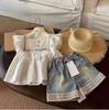 Traje de verano para niñas Bebé Elegante Personalidad Infantil Moderno Estilo Coreano Camisa Manga Volante Camisa de Muñeca Encaje Shorts de Mezclilla