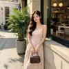 Vestido de Chiffon Plissado com Babados de Cintura Alta Estilo Francês Independente Chuqing para Mulheres, Vestido Longo Sem Alças para Férias de Verão