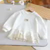 Sudadera Casual Elegante para Niñas 26 Nuevo Estilo Otoño Dobladillo Empalmado Encaje Manga Larga Camisa Básica Linda Blusa Floral