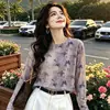 Roupa para mãe de meia-idade e idosa, camiseta estilosa de manga comprida com estampa de borboleta roxa, gola redonda, top de malha elegante e que rejuvenesce