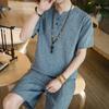 Estilo Chinês Verão Fino Algodão e Linho Casual Botão Retrô Manga Curta Camiseta Shorts Masculino Seda Gelada Conjunto Roupas de Casa Tendência