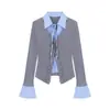 Top de punto con volantes, patchwork de cuadros y cordones, manga larga, para mujer, nuevo estilo primavera 2026, falso dos piezas, cárdigan adelgazante 'Pure Desire'
