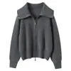 Cardigã de Malha Cashmere Feminino Bordado em Toalha Lapela Grande Outono Inverno Novo Design Espessado Zíper Duplo Casaco Suéter