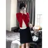 Cardigan de Tricô Retrô Americano Feminino Outono Inverno Novo Estilo College Casaco Suéter Vermelho Emagrecedor Top Curto