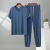 Conjunto de Pijama Casual de Verano para Hombre, Talla Grande, Cuello en V, Manga Corta, Modal, Color Sólido Delgado