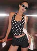 Otoño 2025 Nueva Moda Femenina Chica Caliente Sexy Estampado de Lunares Negros Versátil Espalda Descubierta Cuello en V Cuello Halter Chaleco Ajustado