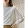 Camisa de Punto de Encaje Malla con Cuello Mao y Manga Farol Primavera y Otoño Nueva Llegada Moda de Lujo Ligero Aspecto Delgado a la Moda Combinación con Todo Camiseta Base Top