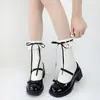 Meias de Cano Alto de Renda de Camada Dupla com Laço, Meias Lolita, Meias de Algodão Femininas JK, Meias Japonesas de Uniforme para Moldar a Perna Outono e Inverno