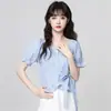 Camisa a Cuadros Azul Estilo Francés con Cuello Cuadrado para Mujer, Nuevo Modelo Verano 2026, Mangas Abullonadas, Camisa con Lazo Ajustable a la Cintura, Top Corto