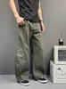 Calça casual de perna larga com textura macia e design retrô para homens e mulheres, calça de trabalho vintage verde militar, calça curva de corte solto