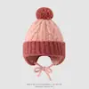 Gorro infantil de bloques de color para otoño e invierno con pompón grande, gorro de lana con cordones para niños y niñas
