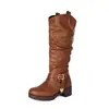Botas de montaria femininas plus size transfronteiriças para outono e inverno, bico redondo, salto médio, cano alto, com sola de borracha, botas de couro com salto quadrado antiderrapante
