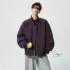 Chamarra de vuelo V37 estilo americano de marca de moda, patchwork deconstruido con cuello alto para hombre, primavera, morado de alta gama, holgada, con cierre