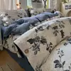 Conjunto original de linho de quatro peças espessado estilo vintage Classe A, padrão floral ins, conjunto de três peças de algodão-linho abotoado 100% algodão, capa de edredom estilo antigo 3