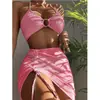 Conjunto de Tres Piezas 2023 Nuevo Primavera y Verano Estilo Europeo y Americano Color Sólido Moda Ajustado Traje de Baño para Mujer Sexy Transfronterizo Cuello Halter