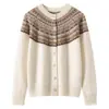 Cárdigan 100% cachemir, cuello redondo para mujer, engrosado para otoño e invierno, con diseño Fair Isle, prenda exterior de punto versátil, cárdigan vintage