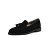 Mocassins forrados de lã estilo britânico com borlas 2025 Início da primavera Cashmere Salto baixo grosso Biqueira redonda Couro Boca profunda Sapatos únicos para mulheres
