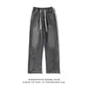 Jeans de pierna recta al por mayor transfronterizos para hombre, nuevos estilos de primavera/otoño, diseño de patchwork, acabado lavado y desgastado, azul vintage, con detalles de cuerda de cáñamo, pantalones de largo hasta el suelo
