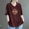 Blusa Casual de Gola V com Manga Curta para Comércio Exterior Transfronteiriço, Modelagem Solta para Mulheres Plus Size, Efeito Emagrecedor, Estampa, Estilo de Nicho