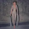 Primavera 2025 Nuevo Ropa de Mujer Europea y Americana Exportación Transfronteriza Nuevo Bronceado Manga Larga Ajustado Sexy Falda Larga Vestido de Noche Nuevo Estilo