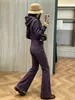 Conjunto de dos piezas de moda coreana simple para mujer, chaqueta sudadera con capucha versátil de moda para otoño e invierno y pantalones acampanados