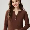 Suéter Clásico de Cachemira con Cuello Henley y Canalé Vertical para Mujer, Top de Capa Interior, Elegante Suéter Pulóver de Manga Larga, Ropa de Otoño/Invierno para Mujer