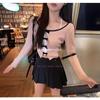 Blusa de Tricô Verão Manga Longa com Laço Gola Redonda Sexy Novo Design Recorte Doce Cintura Alta Slim