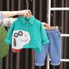 2023 Novo Terno de Primavera e Outono para Meninos Camisa de Desenho Animado Cor Sólida Conjunto de Duas Peças Fofo e Fashion Estilo Coreano Roupa Infantil Moderna
