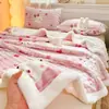 Conjunto de Roupa de Cama Espessa de Lã de Leite Classe A Conjunto de Três Peças INS Desenho Animado Coelho Quente Lã Bolha Lençol de Cama Simples/Casal Capa de Edredom