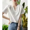 Camiseta de Seda Crepé Elástica de Lujo Grado 6A en Blanco y Negro, Top de Mujer con Cuello en V Verano 2026