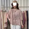 Top tipo camisa de color sólido, cuello alto, manga de tres cuartos, algodón y lino teñido en hilo, suave y juvenil, para mujer, cárdigan babydoll artístico de corte holgado para verano